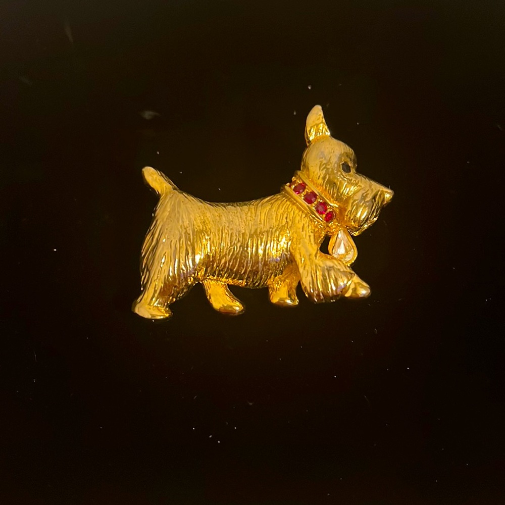 Vintage Scottie Brooch Gold Red Collar